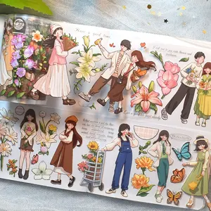 1pc 2m/롤 소녀 소년과 꽃 시리즈 투명 PET 테이프 저널 DIY 공예 일기 스크랩북 문구