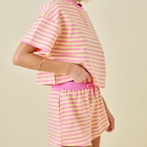 Conjunto de Dos Piezas de Sudadera de Manga Corta a Rayas con Cuello Redondo para <span class=keywords><strong>Mujer</strong></span>, Logotipo Personalizado, Venta al Por Mayor, Fabricante - Product Image 6