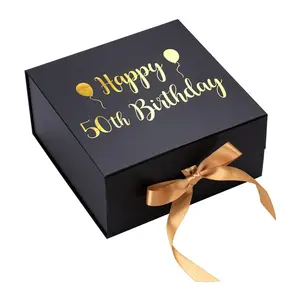 カスタムプリントブラックゴールドフォイルハッピー50歳の誕生日の結婚式の高級紙磁気クロージャーギフト包装箱サテンリボン付き