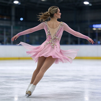 Robe de patinage et de danse rose pour enfants et adultes, en maille à manches longues, avec strass et découpes florales au dos, pour compétition et spectacle de patinage sur glace