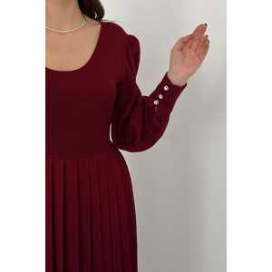 Vestido casual de cuello redondo color borgoña con falda plisada y cintura natural, ideal para fiestas, de tela tejida y lavable. - Product Image 5