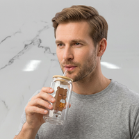 Gobelet en verre borosilicate avec couvercle en bambou, imprimé mignon de dessin animé ours brun et panda, réutilisable pour le bubble tea et le café glacé