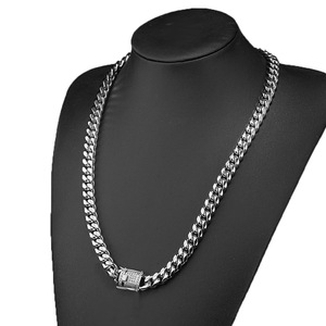 Stainless Steel Steel-Colored Cuban Chain with Micro-Paved <b>White</b> Zircon Buckle- Density Necklace (8-18mm Width) - Product Image 6