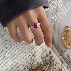 Fashion Jewelry Eco-friendly Copper Oval Cut 9*10mm Rose Red Cubic Zircon Geometric 3 Stone <b>Open</b> Adjustable <b>Rings</b> for Women - Product Image 6