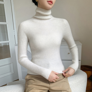 女式罗纹高领修身100%羊绒套头衫打底毛衣 - Product Image 1