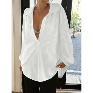 Suéter de punto acanalado de manga larga con cuello en V profundo y cuello tipo polo para mujer, estilo casual y suave - Product Image 4