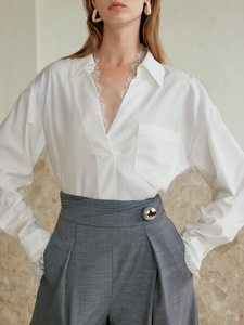 Camicetta da <span class=keywords><strong>donna</strong></span> con scollo a V, taglio dritto e bordo in <span class=keywords><strong>pizzo</strong></span>, colletto a triangolo profondo, polsini e scollo in <span class=keywords><strong>pizzo</strong></span> romantici, top casual 3601 - Product Image 3