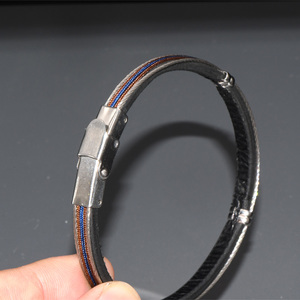 Moda uomo in vera pelle con corda marrone blu filo di acciaio inossidabile Pulsera Para Hombre De 5mm bracciali con polsino largo - Product Image 3