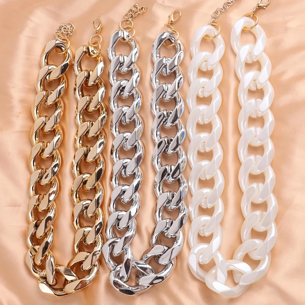 Punk Style Gold Silver White Necklace Hip Hop Big Geometry Shape Long Link Chain Acrylic Necklace Party Jewelry