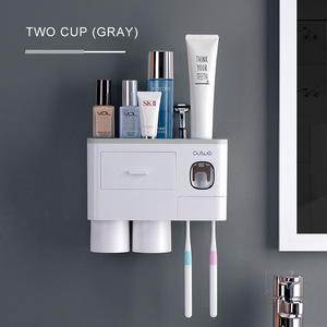 Two Tooth Brushing Cups And Automatic Toothpaste Dispenser Wall-mounted Plastic Toothbrush Holder