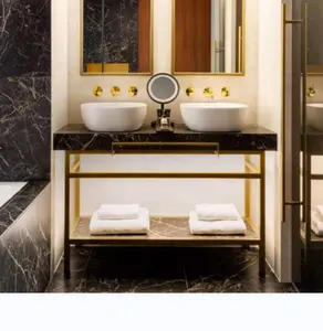浴室梳妆台水槽大理石台面，不锈钢底座缎面黄铜拉丝金色仿古青铜电镀橱柜框架