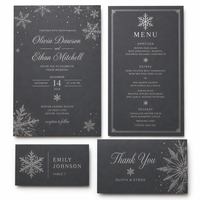 Suite de papeterie personnalisée pour mariage d'hiver : Invitation, Menu, Carte de remerciement en papier anthracite avec dorure argentée, pour thème hiver et fêtes, faible MOQ