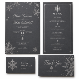 Suite de papeterie personnalisée pour <span class=keywords><strong>mariage</strong></span> d'hiver : Invitation, Menu, Carte de remerciement en papier anthracite avec dorure argentée, pour thème hiver et fêtes, faible MOQ - Product Image 1