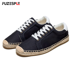 <span class=keywords><strong>Zapatillas</strong></span> de lona negras para hombre, con punta cerrada, <span class=keywords><strong>cordones</strong></span> blancos en contraste, suela trenzada, calzado informal de verano para exteriores. - Product Image 1