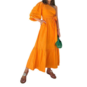 Fd1188库存春季新款女式时尚优雅露肩中长棉麻连衣裙 - Product Image 5