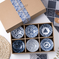 Cadeau Japonais Coloré Peint à la Main Blanc et Bleu Porcelaine Céramique Alimentaire Riz Soupe Nouilles Ramen Sets de Bols