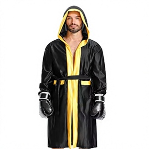 HAWK SPORTS INDUSTRIES HW-BR-001 Robe de boxe à capuche noire et jaune en satin, tenue d'entraînement durable en polyester pour toutes les saisons, MMA, Muay Thai - Product Image 1