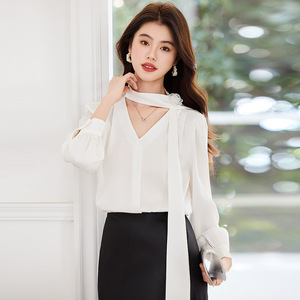 French Style V-neck Long Sleeve Shirt Women Chiffon Solid Color <b>Wrap</b> Tie Commuting Blouse Fln590 - Product Image 1