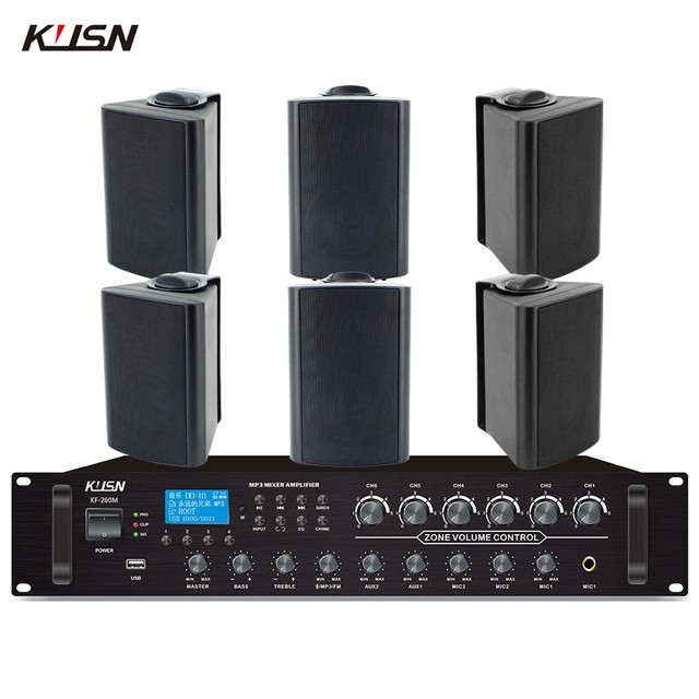 260W 6 Zone Powered Professional Amplifier & 6 PCS 30W Wall Mount Speaker Indoor PA System Full Set With Bluetooth Usb