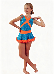 <span class=keywords><strong>Traje</strong></span> de Majorette Azul y Naranja con Lentejuelas, Falda con Volantes sin Mangas, Atuendo de Danza para <span class=keywords><strong>Gimnasia</strong></span> <span class=keywords><strong>Rítmica</strong></span> y Competencia - Product Image 2