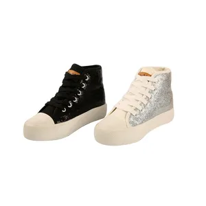 Canvas Trendy Shoes Vulcanize Black White Sequin Thick Bottom High Top Canvas Shoes