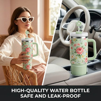 Gobelet floral à double paroi sous vide de 40 oz avec poignée, paille réutilisable et bouchon floral, coffret cadeau – Vente chaude