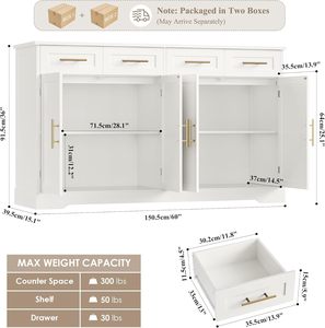 Buffet moderne blanc, armoire de rangement pour salle à manger, credenza, longueur personnalisée, en contreplaqué, fabriqué aux États-Unis - Product Image 6