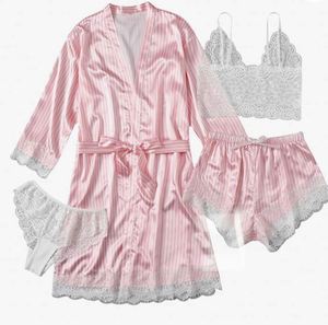 Pijamas al por mayor: Conjunto de cuatro piezas de satén transpirable con encaje, cintura elástica, bata, ropa de casa, vestido de noche de seda sexy para mujer, ropa de dormir. - Product Image 1
