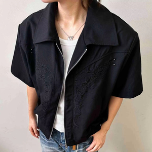 Kemeja lengan pendek pria, jaket musim panas setengah lengan mewah, Vintage bordir bunga abadi ringan & bergaya kerah berdiri - Product Image 2