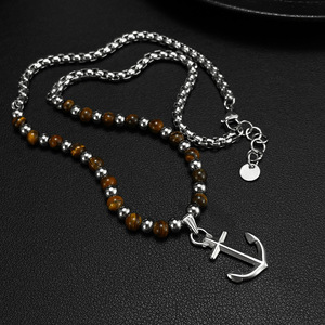 Collier pendentif ancre de navire en acier inoxydable avec pierre naturelle œil de tigre, collier pour homme, bijoux de <span class=keywords><strong>méditation</strong></span>, collier à perles - Product Image 3