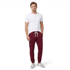 Pantalones Deportivos Transpirables Color Granate para Hombre, Cintura Elástica con Cordón, Joggers Casuales, 100% Algodón Tejido, Peso Medio, para Otoño, Cómodos - Product Image 1