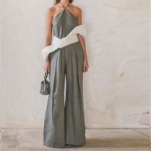 Pantalones largos con cuello redondo de bambú para mujer, <span class=keywords><strong>mono</strong></span> de lino con tirantes finos, 100% de lino - Product Image 4