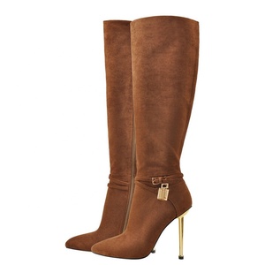 Big Size EU 46 Suede Women Pointy Toe <b>Knee</b> <b>High</b> Boots Stiletto Metal Lock Decor Long Booties <b>High</b> Metal Thin Heels Shoes - Product Image 4