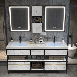 Meuble <span class=keywords><strong>de</strong></span> salle <span class=keywords><strong>de</strong></span> bain <span class=keywords><strong>de</strong></span> style moderne et luxueux avec double vasque, armoire en <span class=keywords><strong>bois</strong></span> massif et miroir intelligent avec rangement - Product Image 2