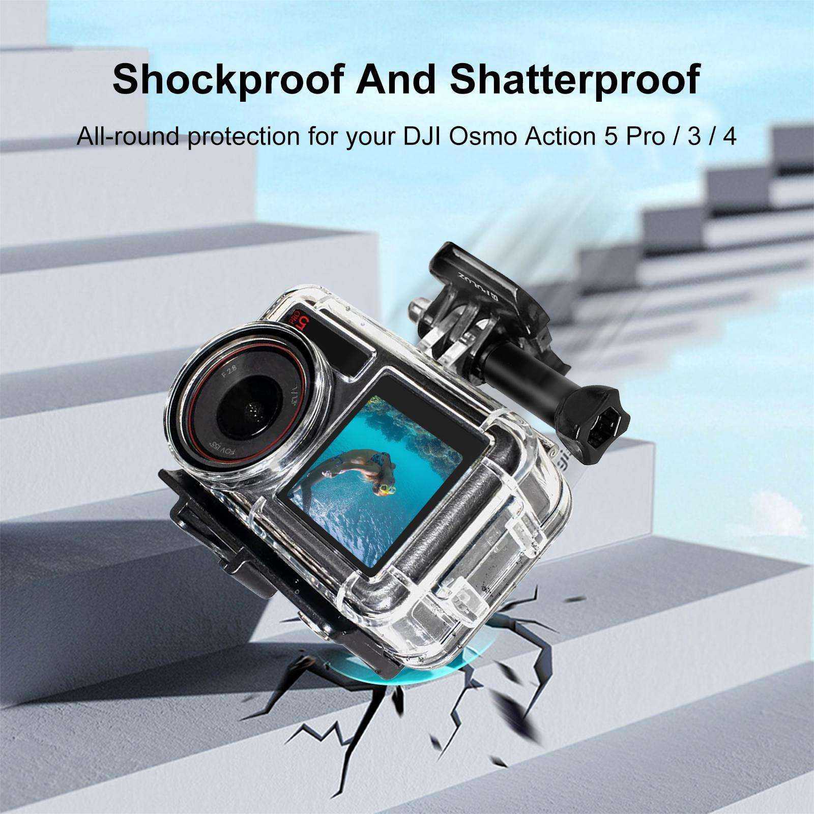For DJI Osmo Action 5 Pro/3/4 Sport Camera HONGDAK 60m Waterproof Housing Diving Case with Cold Shoe, Buckle Basic Mount, Screw