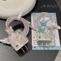 Protector de Cable de Carga con Diseño de Mariposa de Cristal Rosa, Accesorios para iPhone 18/20w, Funda Protectora de Cargador con Dibujos Animados