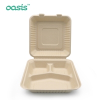 Boîte à lunch jetable Oasis à 3 compartiments en bagasse de canne à sucre biodégradable, conteneur alimentaire compostable pour l'école, étanche