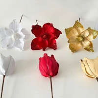 Fleurs artificielles de magnolia transfrontalières pour décorations de Noël, têtes de fleurs de magnolia blanches en velours rouge pour sapins de Noël