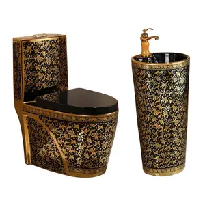 Ensemble de toilettes en céramique de couleur dorée et noire avec lavabo plaqué or, évier WC monté au sol, meilleure offre KD-01GPD