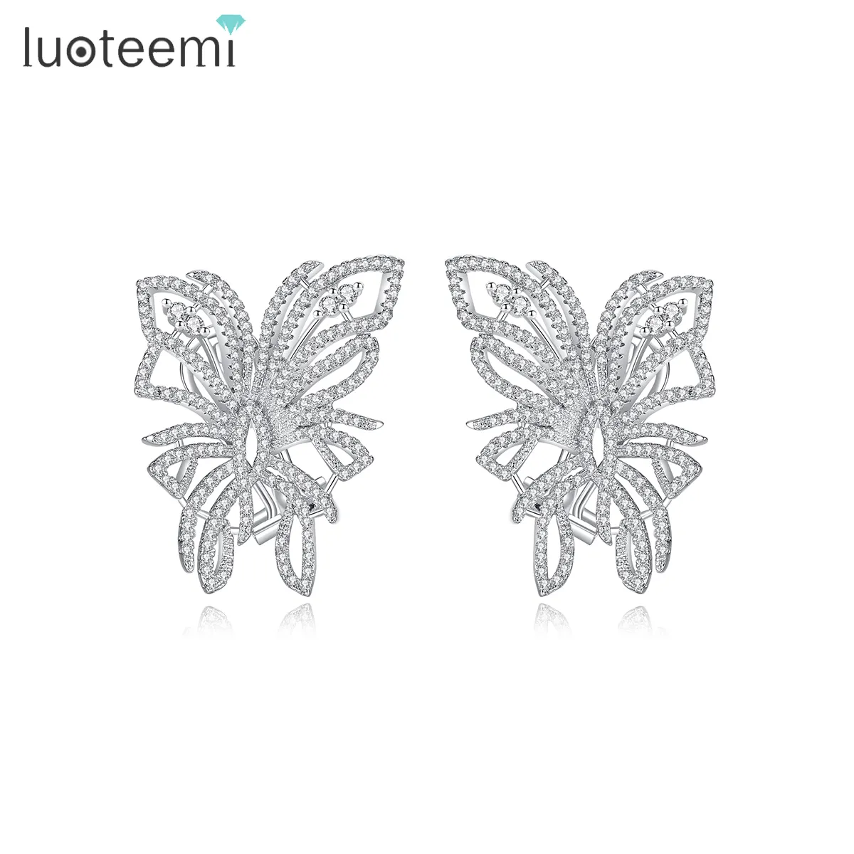 LUOTEEMI sıcak satış moda kelebek tasarım kostüm pirinç takı kelebek şekli lüks kristal kübik zirkon küpe