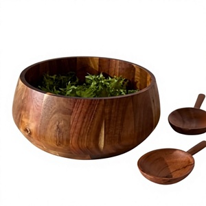 Bol à salade en acacia véritable, accessoires de cuisine, résistant au lave-vaisselle, bols de service pour aliments avec cuillères, réutilisable, style japonais, bol à pâtes - Product Image 1