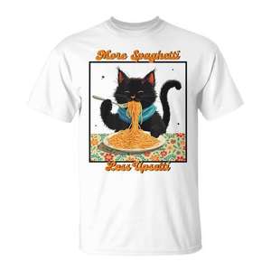 T-shirt vintage avec motif de chat mangeant des spaghettis, design « Plus de spaghettis, moins d'émotions », vêtements promotionnels - Product Image 1