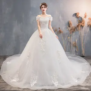 ZX-936 One Word Shoulder Lace Appliqued Wedding Dress 2024 Luxury Court 150 cm Long Train Bridal Ball Gown
