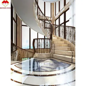 European Design Interior Marble Carved Stair Treads And Risers White Grey Grains Marble Decorative Stair Stairs