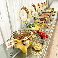 Pemanas Makanan Buffet Bulat Kapasitas 6L Berbahan Baja Anti Karat Mewah Bertenaga Bahan Bakar, Wadah Sajian Emas dengan Tutup Kaca, Peralatan Dapur Hotel