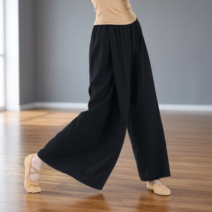 Pantalon large pour femme, couleur unie, en crêpe, taille élastique, coupe ample, style décontracté, printemps, noir - Product Image 4