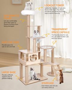 Árbol rascador moderno para gatos con hamaca, de madera y algodón, embalado en cartón, estructura de escalada para interiores. - Product Image 3