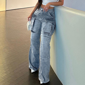 Pantalones vaqueros de cintura alta para mujer, pantalones casuales sueltos con bolsillos simétricos, tendencia urbana, Fabricante Mayorista de Europa y América - Product Image 3