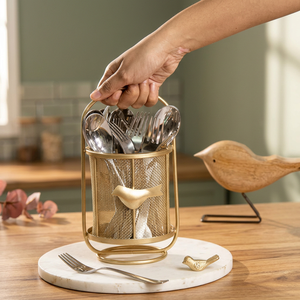 Porte-ustensiles cylindrique en métal doré avec motif d'oiseau pour le rangement des couverts de cuisine - Product Image 4