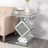 Table en miroir avec cristaux écrasés, incrustation carrée, Table d'appoint moderne, Table d'accent argentée